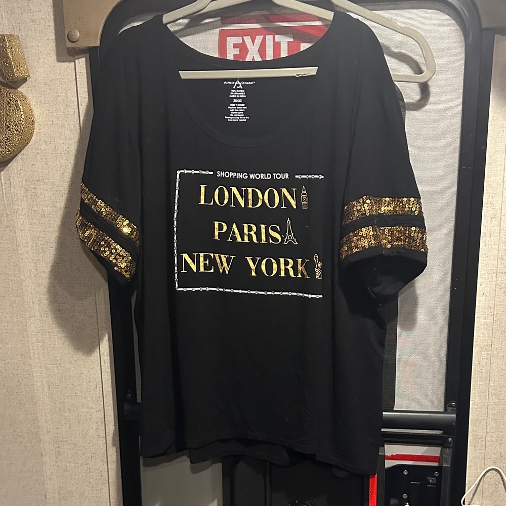Ashley Stewart Black and Gold Graphic Blouse